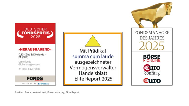 DJE wurde in diesem Jahr unter anderem mit dem Deutschen Fondspreis für den Fonds DJE - Zins und Dividende, mit dem Fondsmanager des Jahres-Award sowie als Vermögensverwalter mit dem Prädikat summa cum laude im Handelsblatt Elite Report ausgezeichnet.