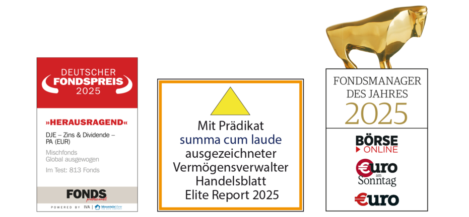 DJE wurde in diesem Jahr unter anderem mit dem Deutschen Fondspreis für den Fonds DJE - Zins und Dividende, mit dem Fondsmanager des Jahres-Award sowie als Vermögensverwalter mit dem Prädikat summa cum laude im Handelsblatt Elite Report ausgezeichnet.