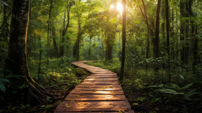 Dichter Wald mit Holzweg